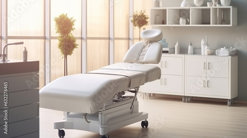 Cosmetologist's empty office with care cosmetics and massage table in a modern beauty salon. Medical cabinet interior. Modernized cosmetic center for health care. Generative AI photo