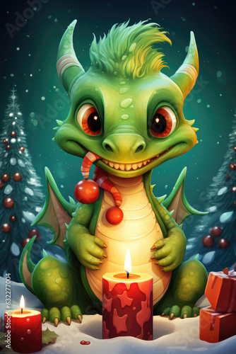 Christmas greeting card with funny green dragon: symbol of 2024