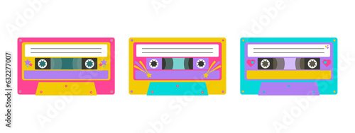 Set of bright audio cassettes 90s style. Back to 90s. Cassette with Retro Vintage magnetic tape. Hits of nineties. Nostalgia for 1990s  2000s. Neon colors. Vector illustration