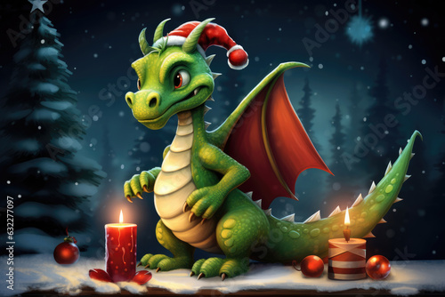 Christmas greeting card with funny green dragon  symbol of 2024