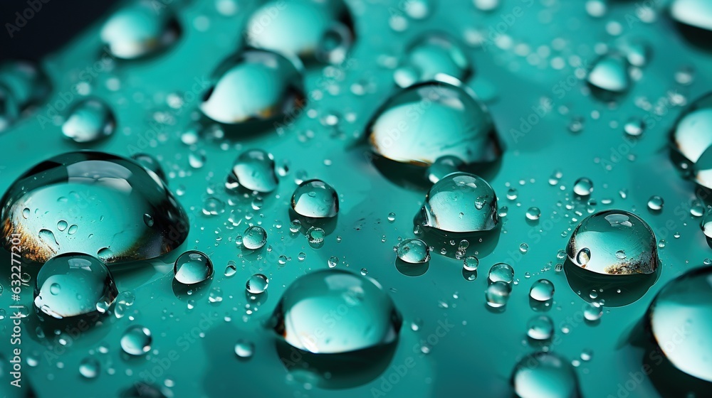  a group of water drops on a green surface with a black background.  generative ai