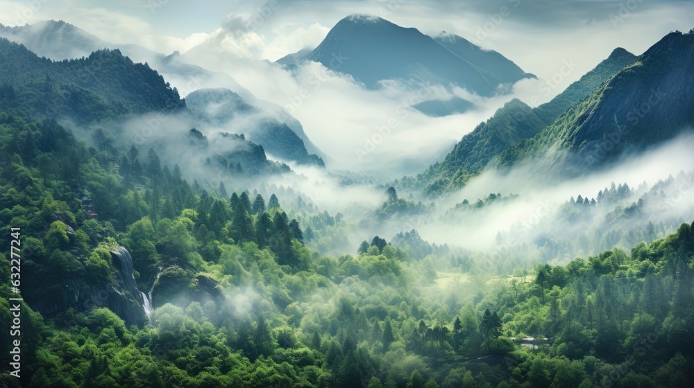 Naklejka premium a painting of a mountain landscape with fog and low lying clouds. generative ai