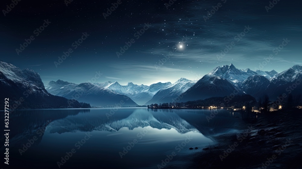  a night scene with a mountain range and a lake in the foreground.  generative ai