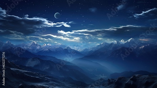  a view of a mountain range with a moon in the sky.  generative ai