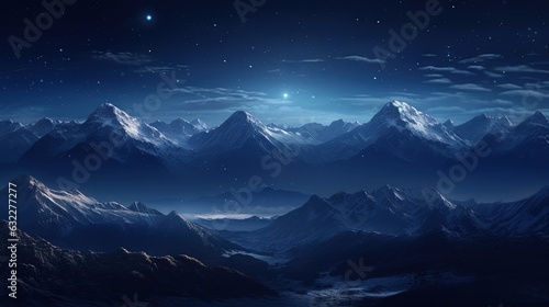 a view of a mountain range at night with a full moon. generative ai