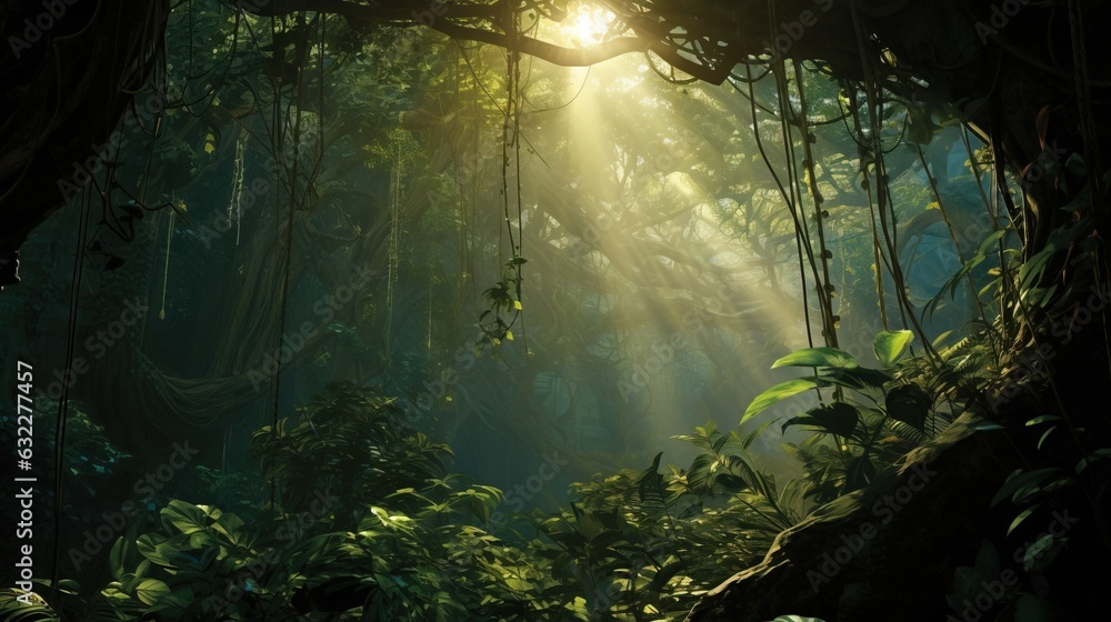  sunlight shining through the trees in a jungle with lush vegetation.  generative ai