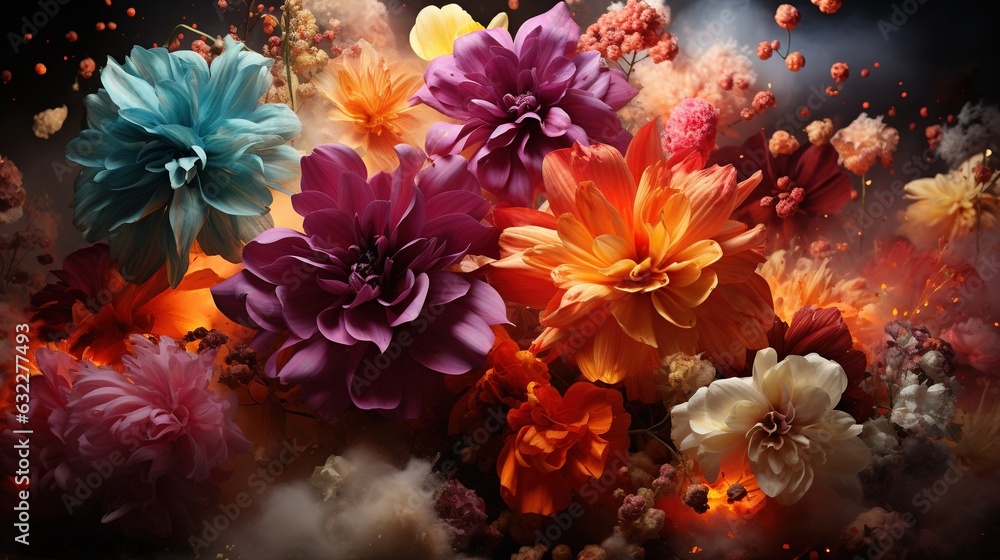 a bunch of flowers that are in the air with smoke. generative ai a bunch of flowers that are in the air with smoke. generative ai