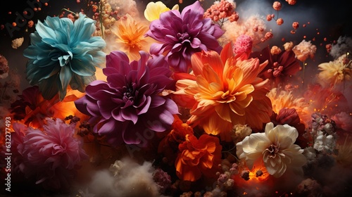  a bunch of flowers that are in the air with smoke. generative ai