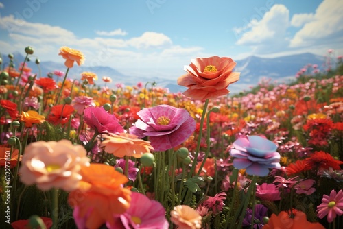 Photographs of colorful flower fields, Generative AI