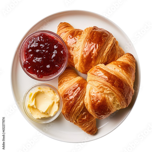 Delicious Plate of Croissants with Butter and Jam Isolated on a Transparent Background