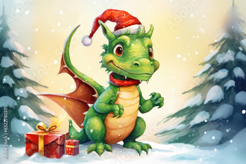 Christmas greeting card with funny green dragon  symbol of 2024