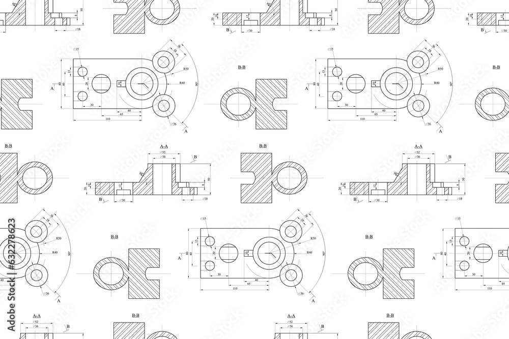 Engineering drawing.  Mechanics blueprints. Vector technology seamless pattern.