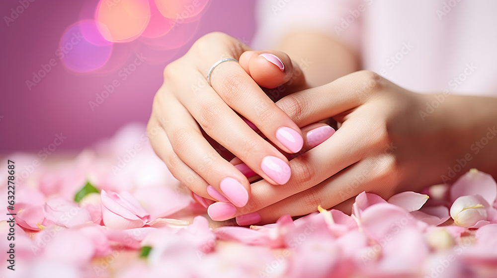 Fototapeta premium Manicure, Female nails with beautiful french manicure. soft skin, beautiful nails with pink rose flowers petals. Generative AI