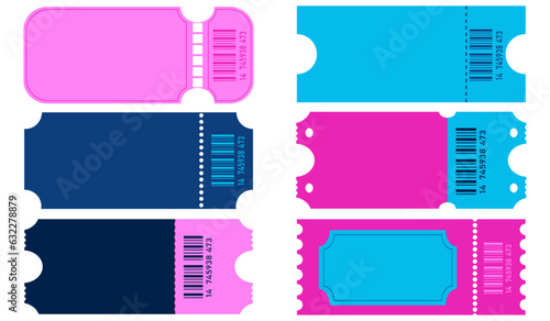Set of six blank tickets. Colorful ticket mockups for circus, concert, certificate, boarding, lottery, movie and coupon