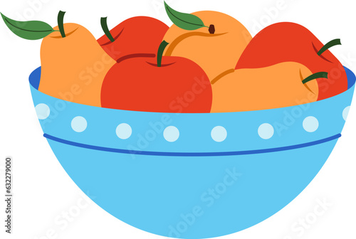 Cute bowl with fruits: pears, peaches, apples.