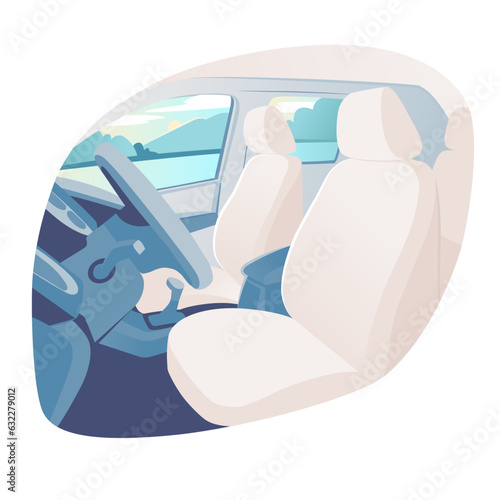 Interior, interior of a car, view from inside. Modern design of passenger car. Side view, from driver's side. Steering wheel, dashboard, passenger seats and view from window. Traveling by car