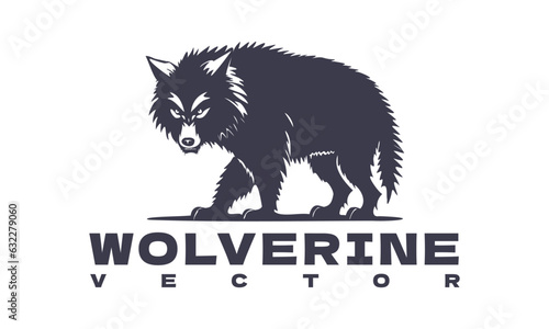 Vector graphic monochrome logo. Emblem or label. Wild animal wolverine. White isolated background.