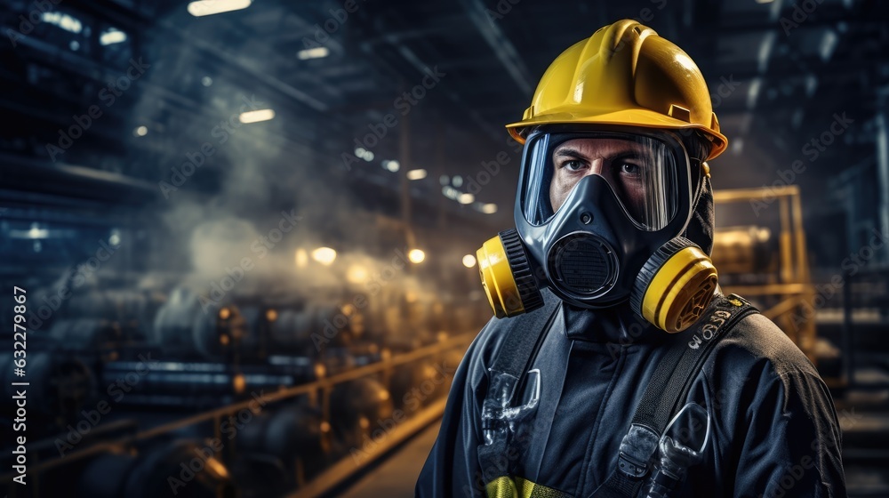 Chemical specialist wear safety uniform and gas mask inspecting chemical leak in industry factory Chemical specialist wear safety uniform and gas mask inspecting chemical leak in industry factory