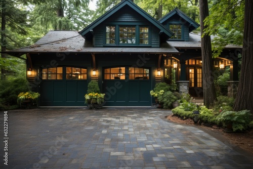 Green garage door with a driveway in front.