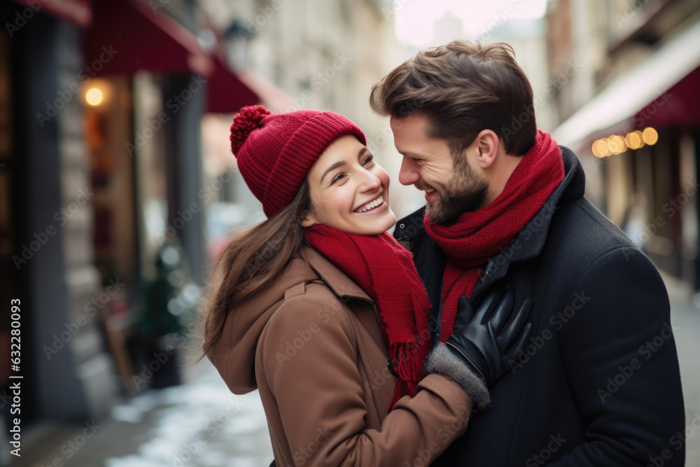 romantic scene of couple of lovers laughing and enjoying in street in winter