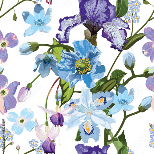 Floral seamless pattern with summer and spring plants. Vector botanical illustration. Violet blue garden flowers.