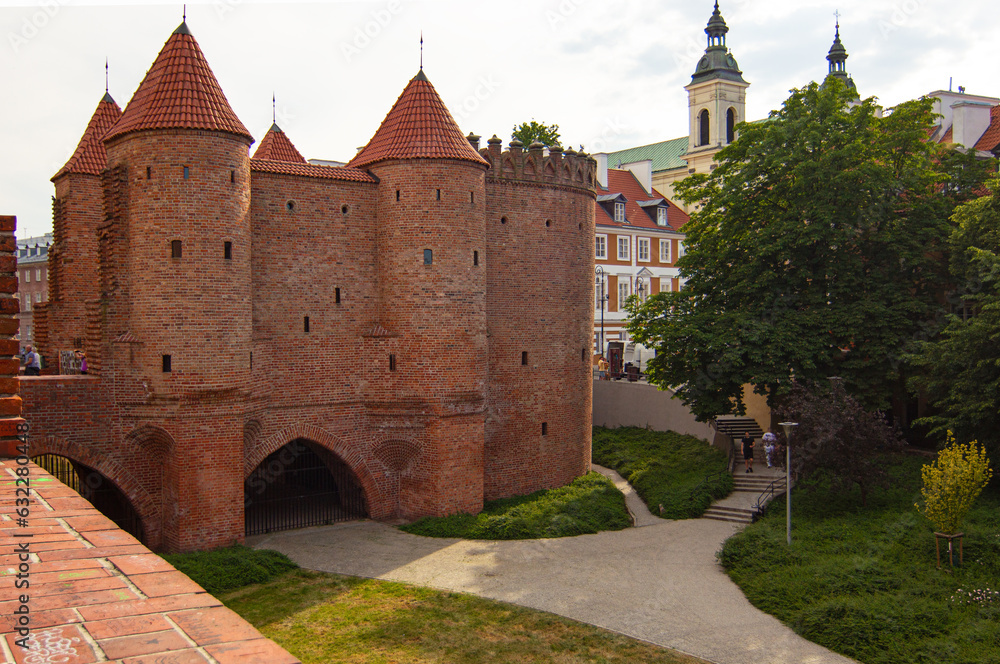 Warsaw Barbacan (or Barbican) historical fortification (castle) in the Old Town of Warsaw, Poland