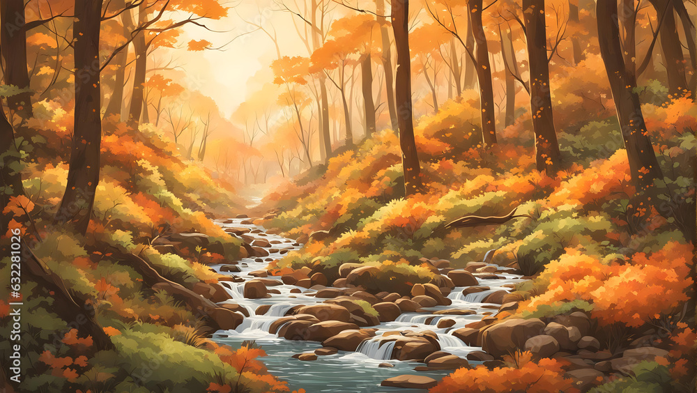 AI-Crafted Autumnal Dreamscape: Lush Forest with Tranquil Stream