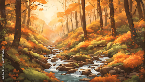 AI-Crafted Autumnal Dreamscape: Lush Forest with Tranquil Stream