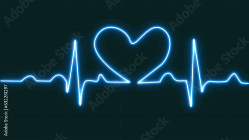 Heartbeat line, Pulse trace. Bright blue neon love shape heartbeat line icon isolated on blue grid background. ECG or EKG Cardio graph symbol for Healthy and Medical Analysis. vector illustration