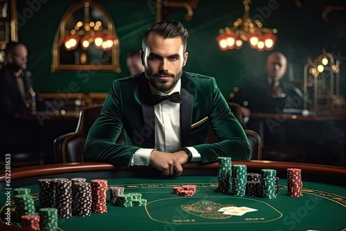 Casino Dealer, Gambling Table, Poker Concept, Croupier is Waiting for Player, Generative AI Illustration photo