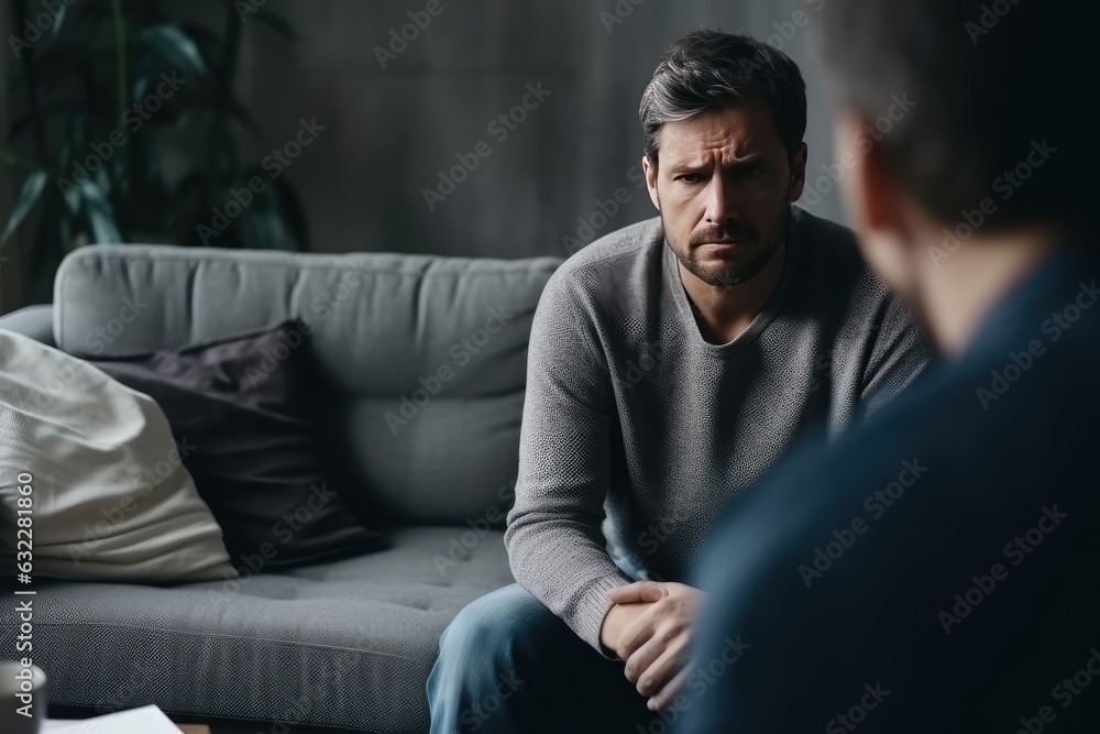 Visit to a Psychologist, Sad Man Talks with Psychotherapist, Generative AI Illustration Visit to a Psychologist, Sad Man Talks with Psychotherapist, Generative AI Illustration