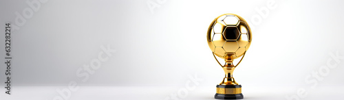 Soccer ball on golden trophy, white background with space for text. Generative AI