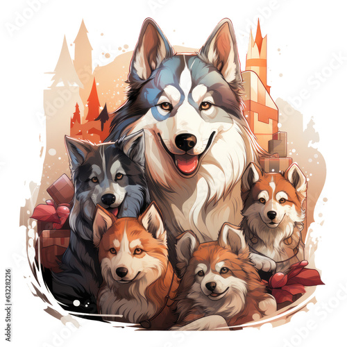 A delightful Christmas Husky Dog t-shirt design capturing a Husky family gathered around a Christmas tree  exchanging gifts with each other  Generative Ai