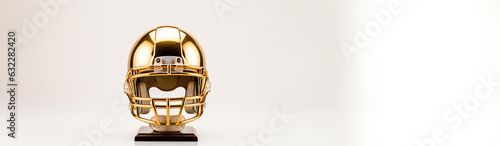 American football helmet on golden trophy, white background with space for text. Generative AI