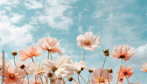 Macro close up photography of flowers on a blue sky background with clouds. © Vitaly Art