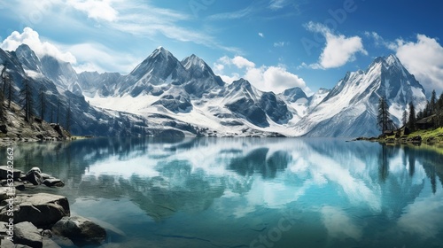  a mountain range is reflected in a lake surrounded by rocks. generative ai
