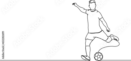 continuous single line drawing of soccer player kicking ball, line art vector illustration
