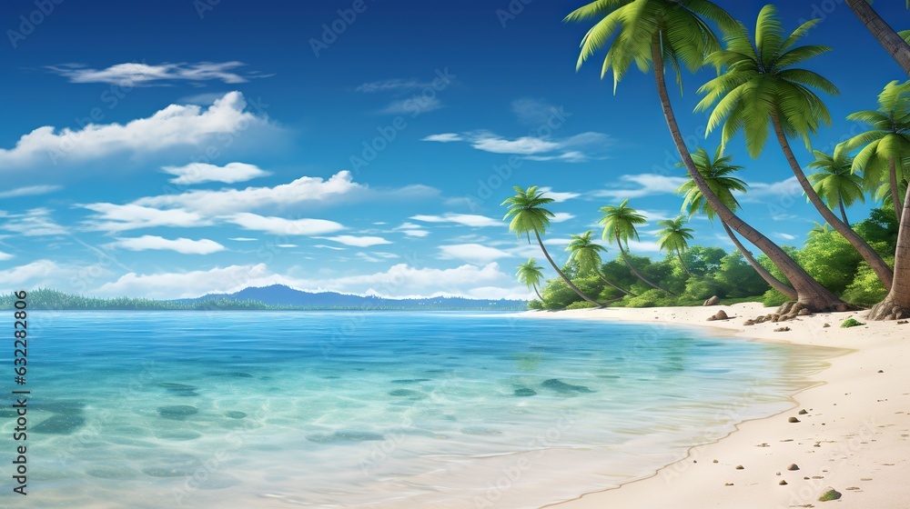  a painting of a tropical beach with palm trees and clear blue water.  generative ai