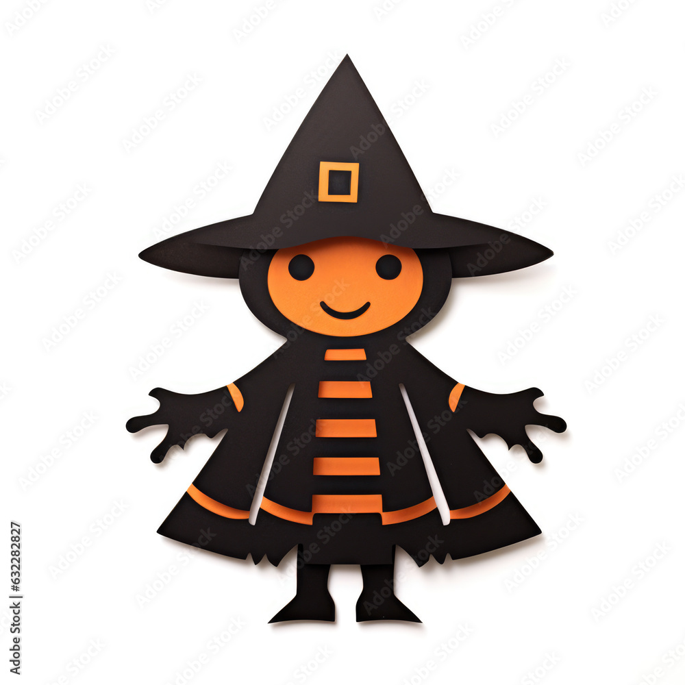 A paper cut out of a little boy wearing a witch costume. Digital image. Simple paper halloween character.