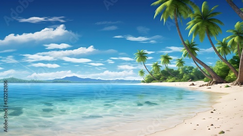  a painting of a tropical beach with palm trees and clear blue water. generative ai