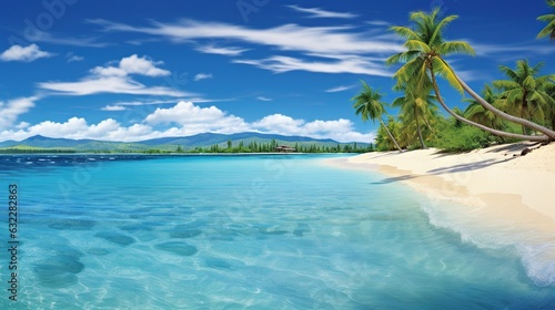  a painting of a tropical beach with palm trees and clear blue water.  generative ai © Anna