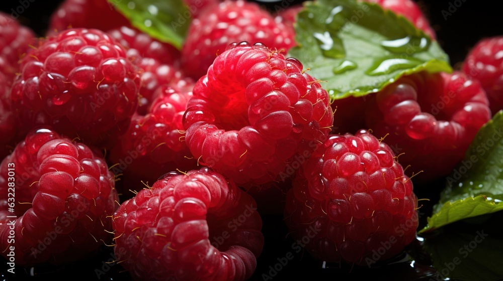 a close up of a bunch of raspberries with leaves. generative ai a close up of a bunch of raspberries with leaves. generative ai