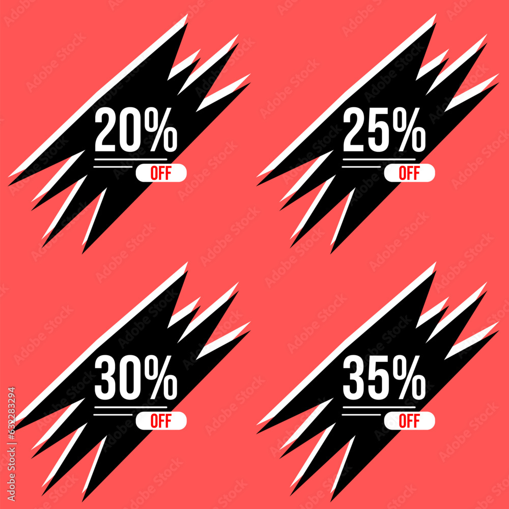 20%, 25%, 30% and 35% off. Set of tag discounts. Banner with four black illustrations with special offers vector. 20%, 25%, 30% and 35% off. Set of tag discounts. Banner with four black illustrations with special offers vector.