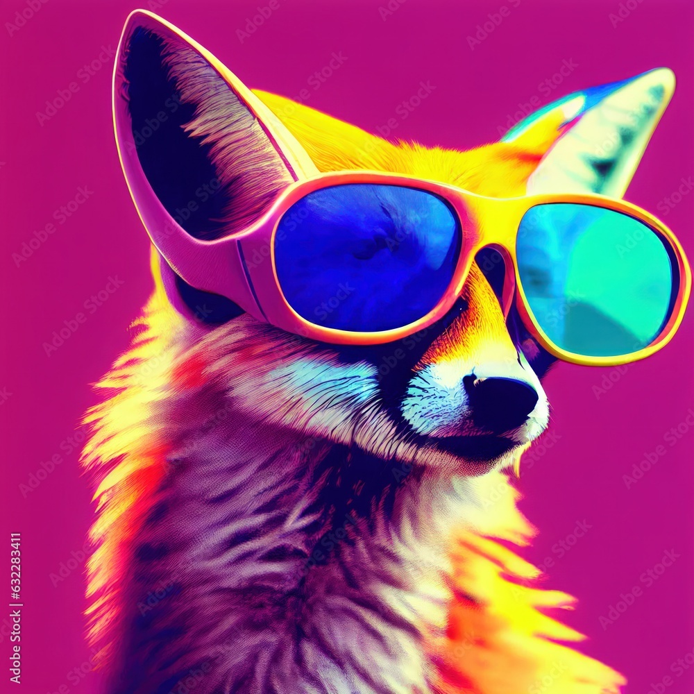Psychedelic surreal colourful graphic dog minimal. Vivid fashionable realistic dog in sunglasses. Pink illustration trendy background for interior design
