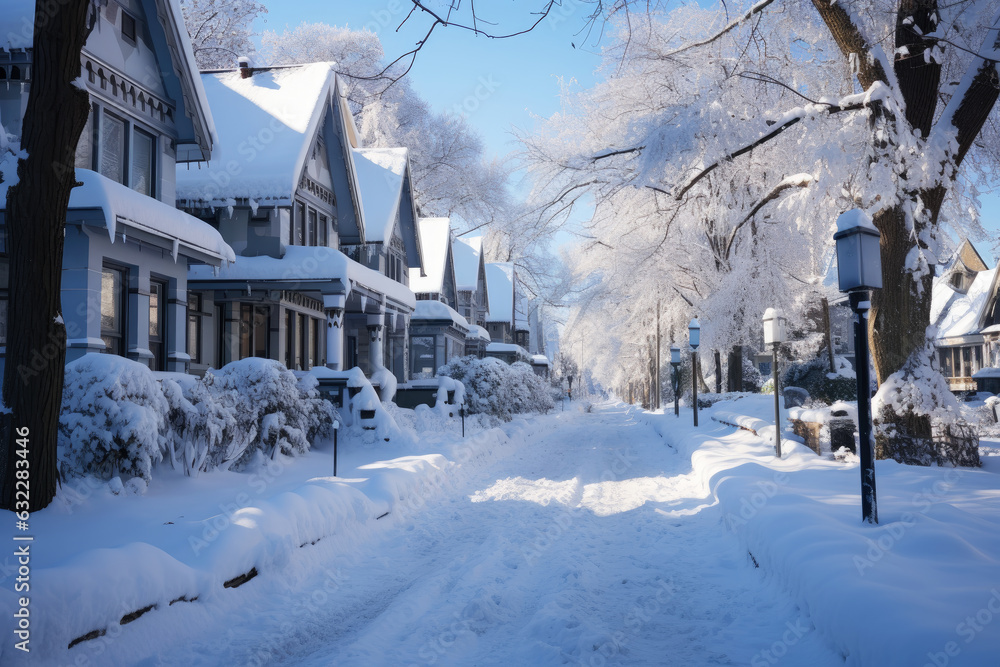 Fototapeta premium Snow covered street in the suburbs in winter on New Year's Eve
