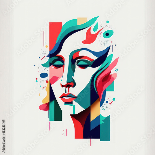 Abstract surreal woman digital painting illustration. Fashionable geometry colourful portrait. Stylish bright contemporary design, minimal, modern trendy print