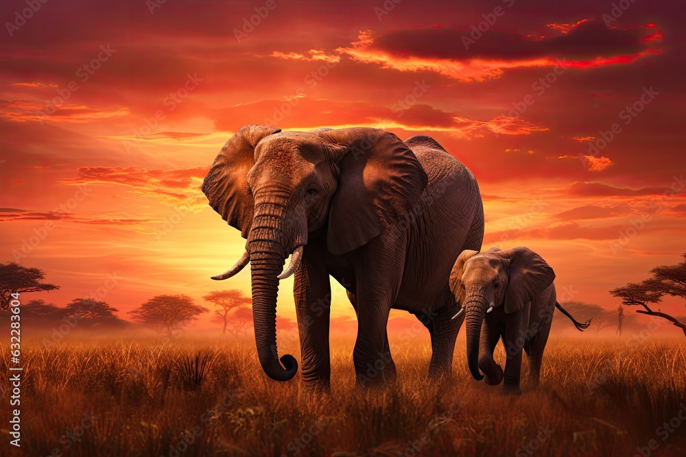 African elephant with baby in savannah at sunset, 3d render, African savannah at sunset with two elephants Loxodonta africana, AI Generated