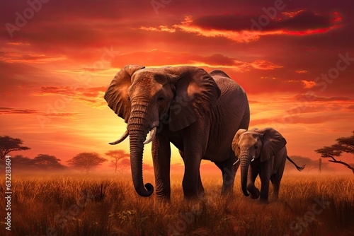 African elephant with baby in savannah at sunset, 3d render, African savannah at sunset with two elephants Loxodonta africana, AI Generated