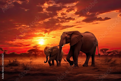 African elephant with her baby in savanna at sunset. 3D rendering, African savannah at sunset with two elephants Loxodonta africana, AI Generated