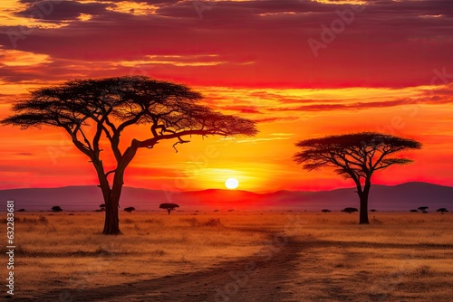 Sunset in Serengeti National Park in Tanzania, Africa, African savannah with acacia trees at sunset. Serengeti National Park, Tanzania, AI Generated